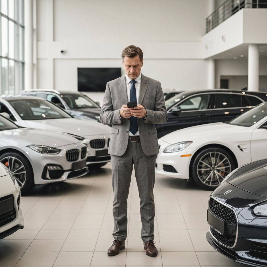 Vendedor de carros no meio da concessionária tendo que responder mensagens repetitivas